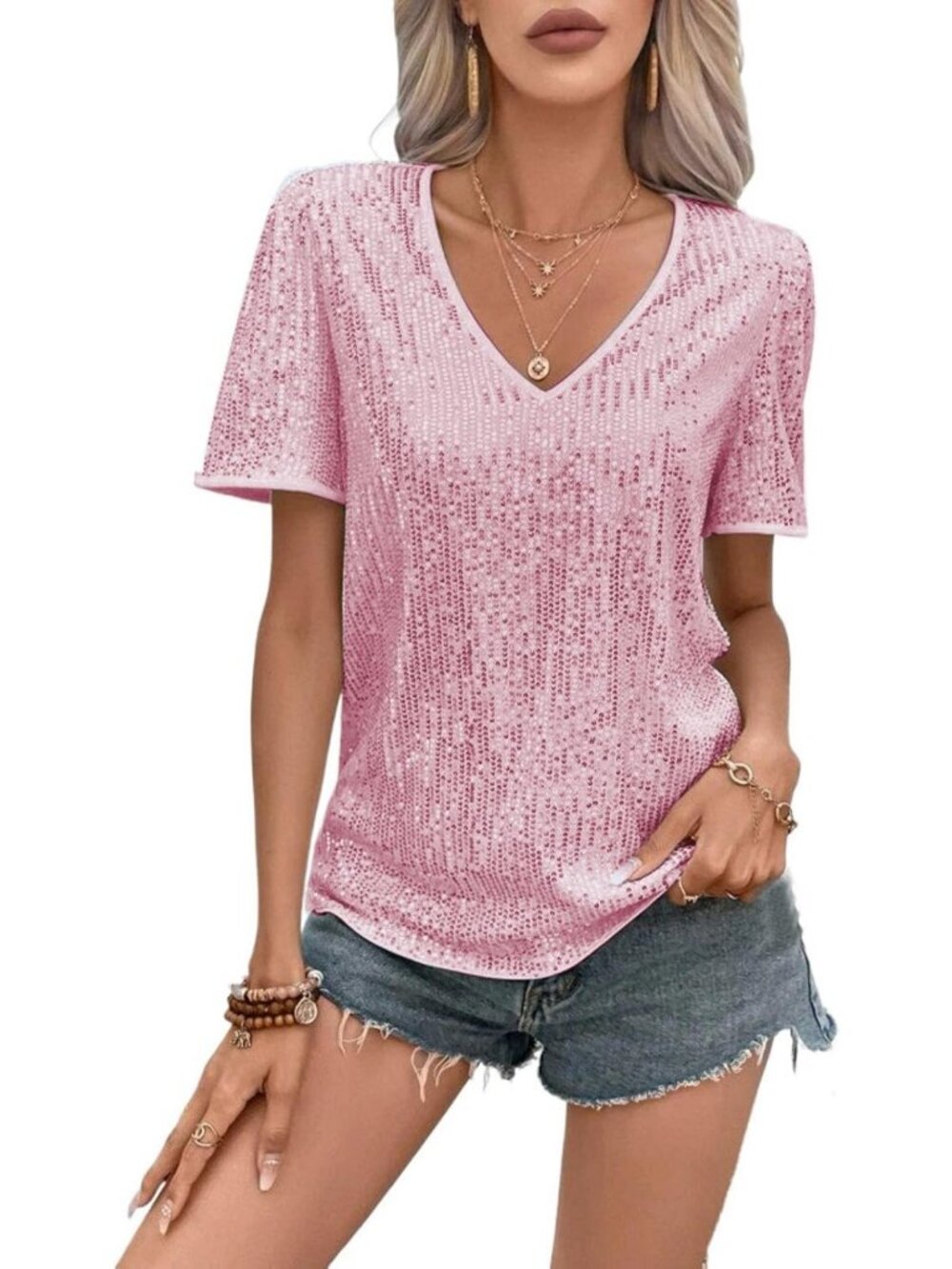 Shimmering Sequin Short Sleeve V-Neck Top | Sparkly Glitter Blouse for Parties
